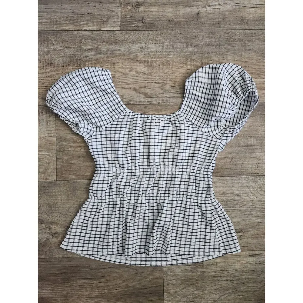 MADEWELL Omaha Top Women's Black White S Gingham Check Peplum Puff Sleeve NWT$65